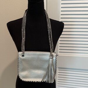 Michael Kors Silver Leather Adjustable Chain Crossbody Bag with Tassel.